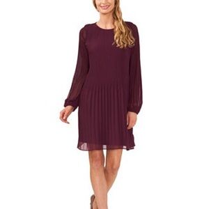 CeCe Pleated Front Long Sleeve Crewneck Dress